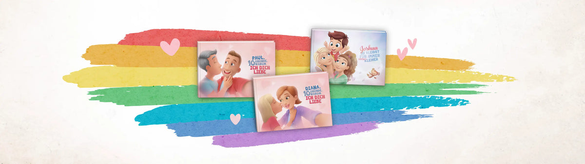 Liebe liegt in der Luft – und steckt in diesem Buch. Diese komplett personalisierbaren Bücher für gleichgeschlechtliche Paare und Regenbogenfamilien eignen sich für jeden Anlass.