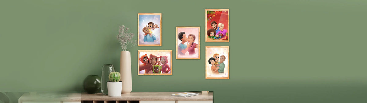 Wähle zwischen verschiedenen liebevoll illustrierten personalisierten Bildern mit Rahmen, inspiriert von unseren Großeltern-, Paaren- und Familienbüchern.