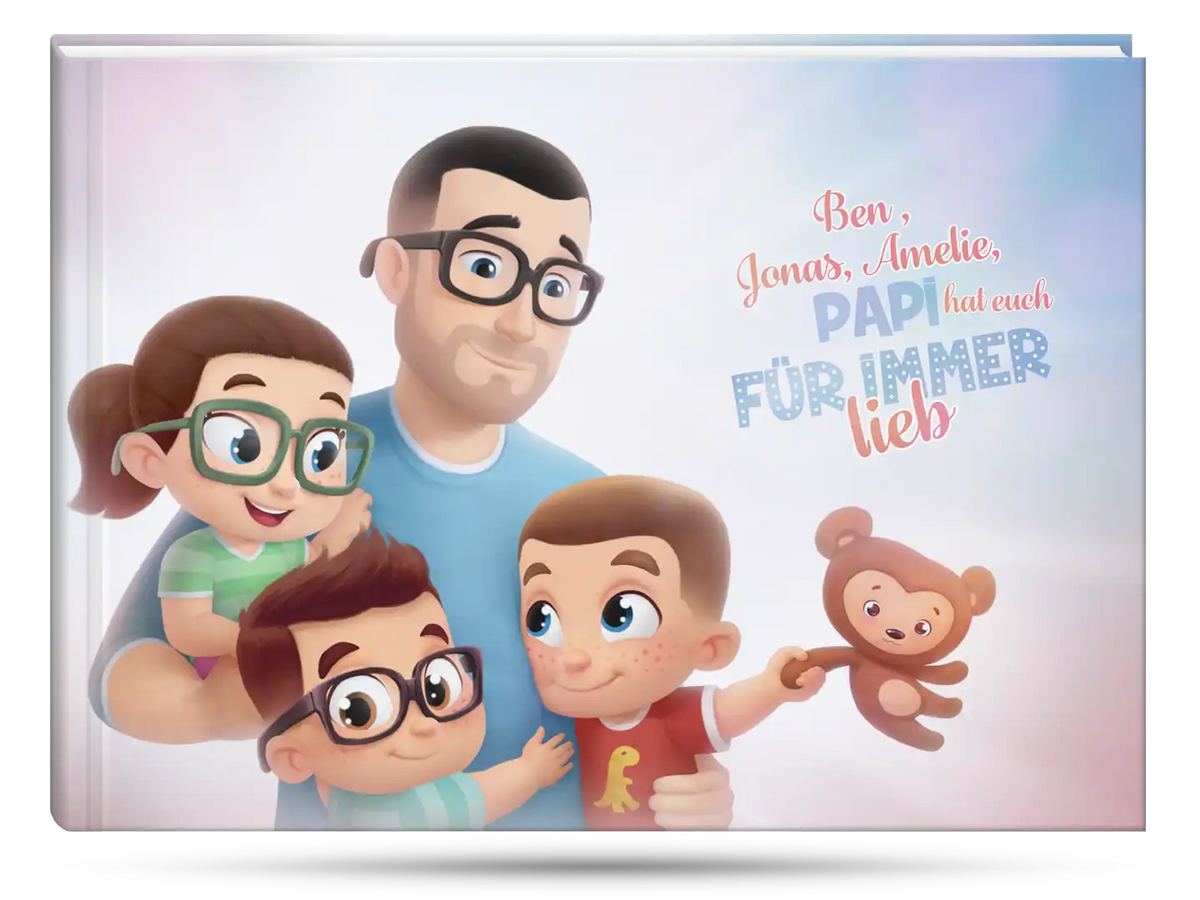 Das Cover für das personalisierte Buch für Papas mit 3 Kindern, das beste Geschenk zum Vatertag. 