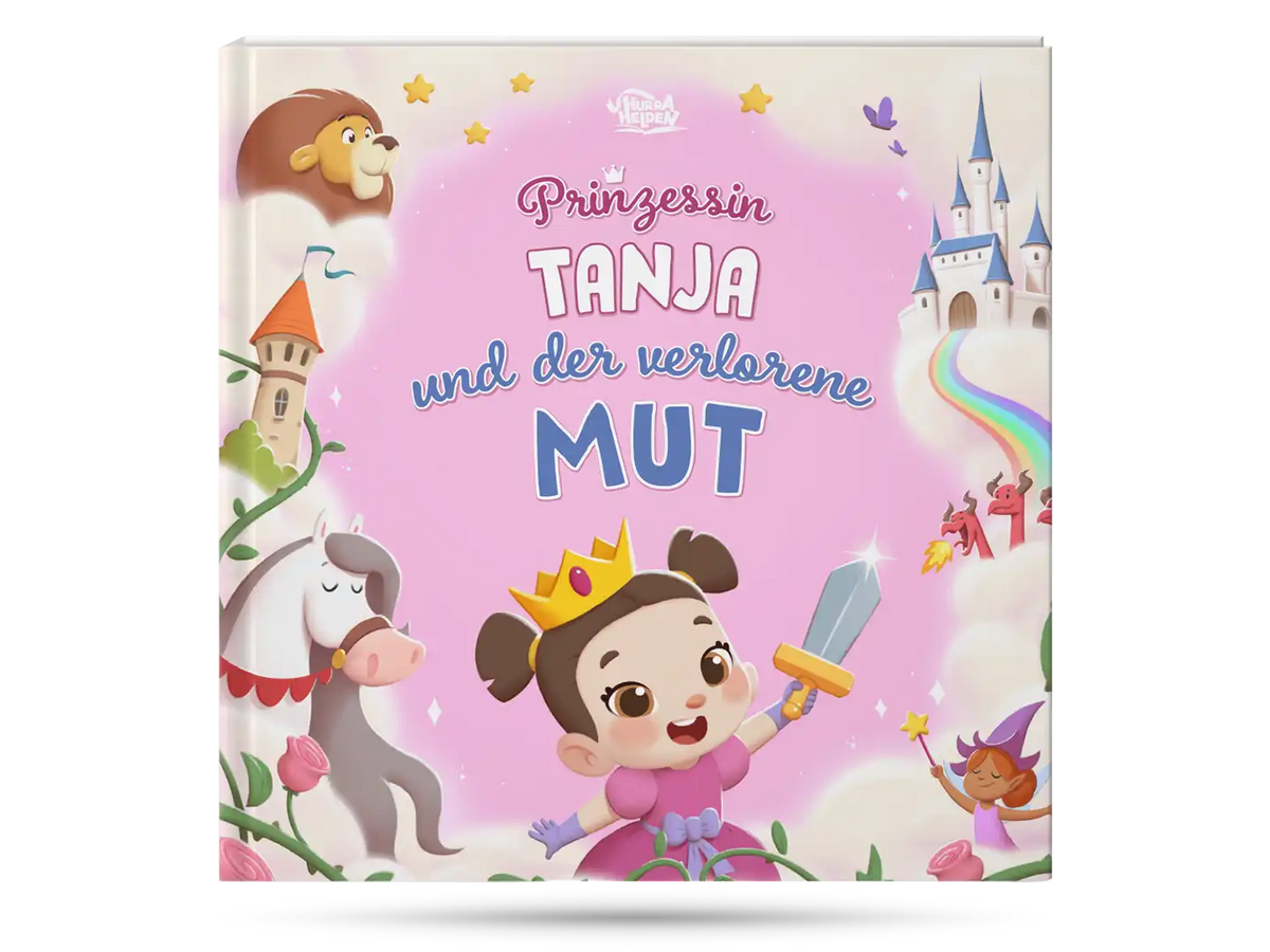 Cover des personalisierten Buches, in dem die mutige Prinzessin lernt, dass niemand ihr den Mut nehmen kann.		