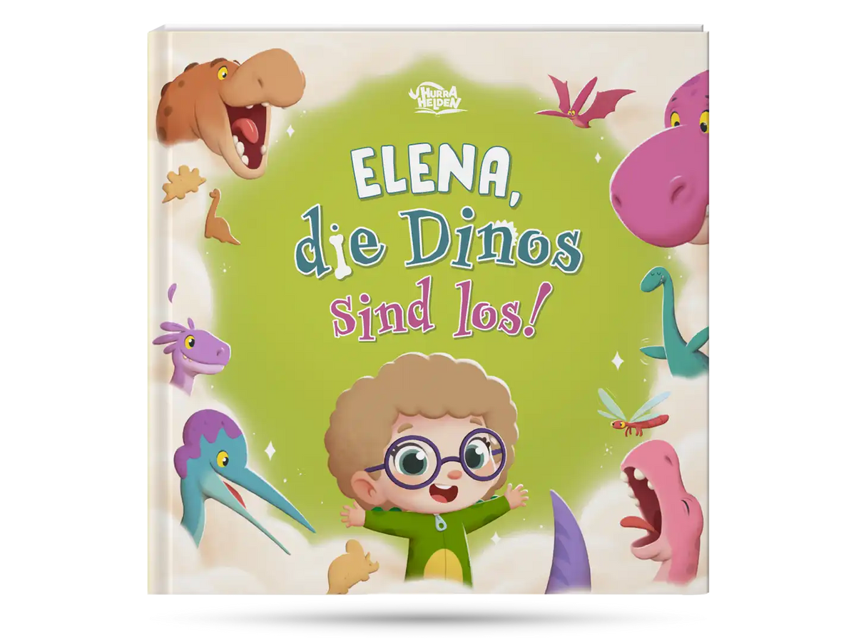 Niedliches Cover des personalisierten Dino-Buches für Kinder.	