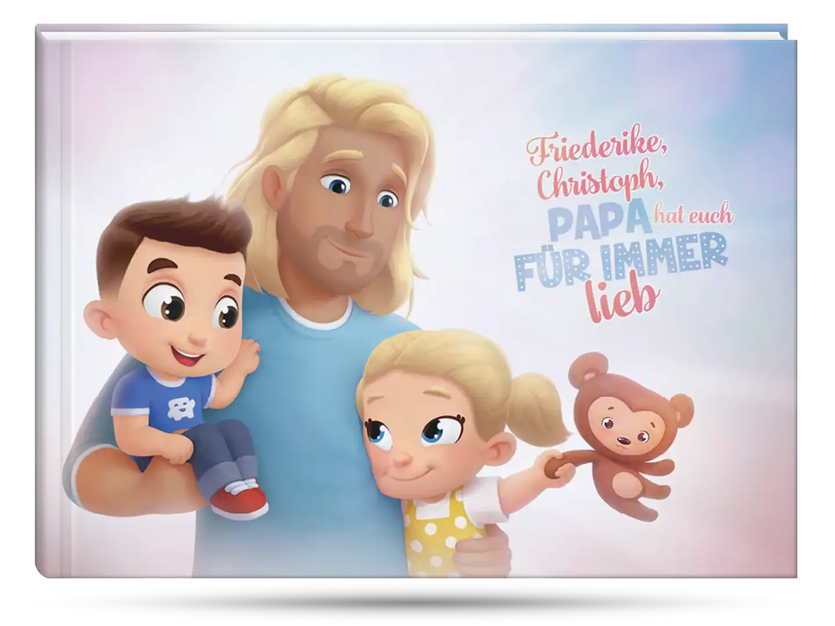 Das Cover des Bestsellers für Papas mit zwei Kinder - das personalisierte Buch von Hurra Helden. 