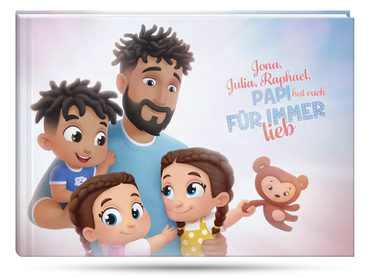 Das Cover des personalisierten Buches von Hurra Helden, in dem du Papa und seine drei Kinder personalisieren kannst, ist auch ein tolles Geschenk.