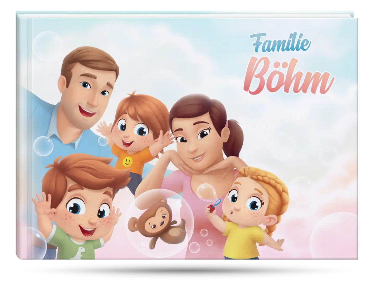Das Cover des personalisierten Buches für Familien mit Mama, Papa und drei Kindern