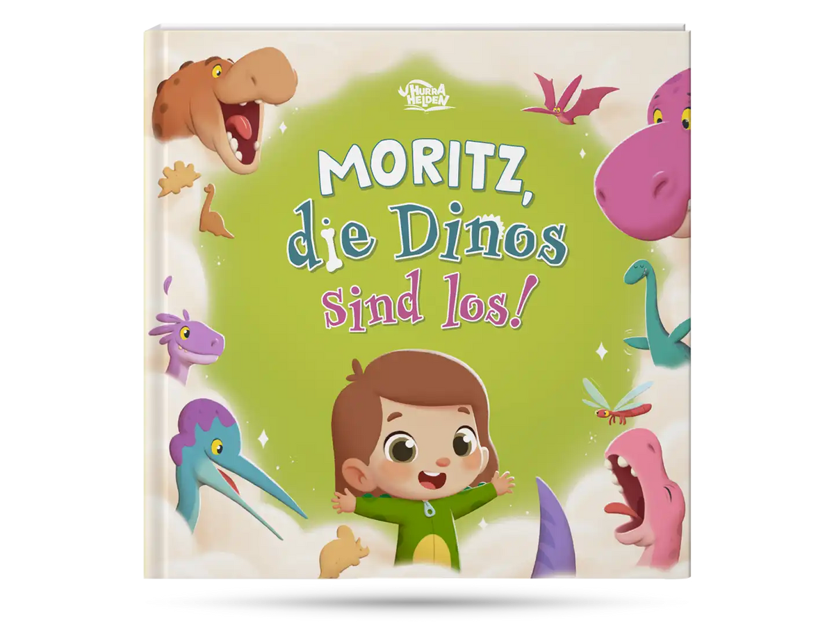 Das Buchcover von "Moritz, die Dinos sind los" und die farbenfrohen Illustrationen, die verschiedene Abenteuer mit Dinosauriern zeigen.	