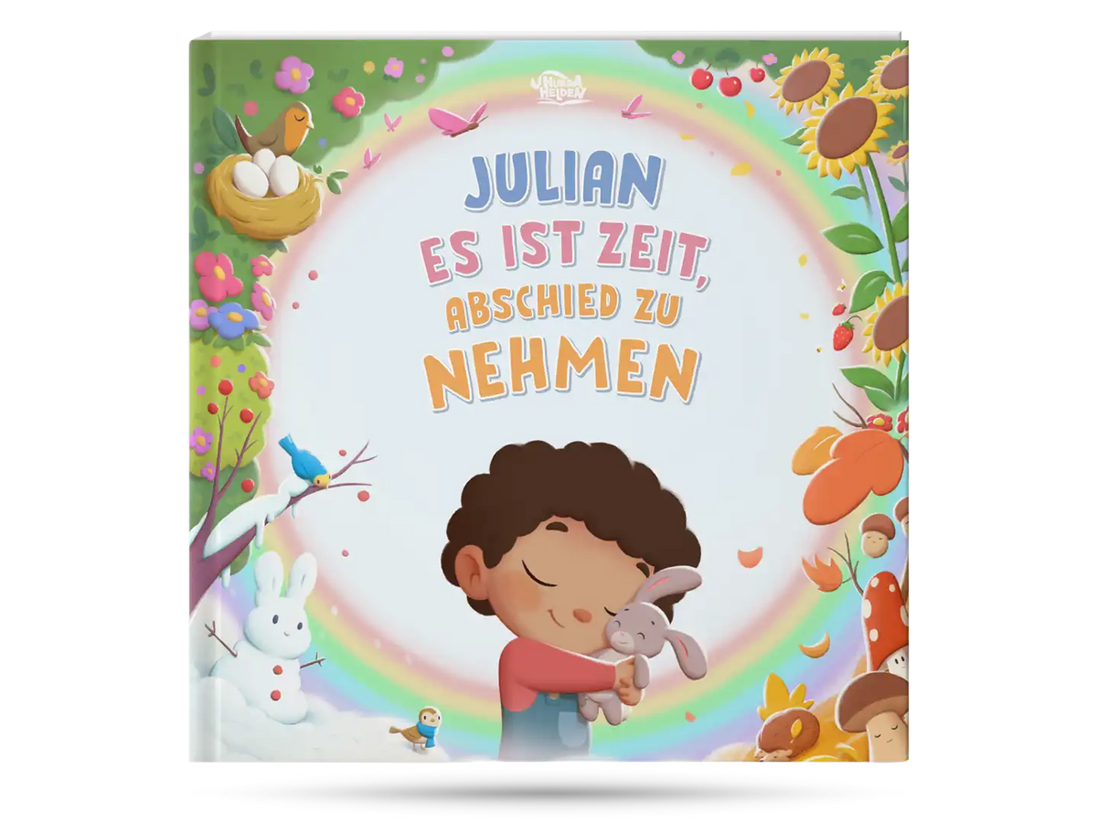 Cover eines personalisierten Kinderbuchs über ein Kind, das einen geliebten Menschen verliert.		