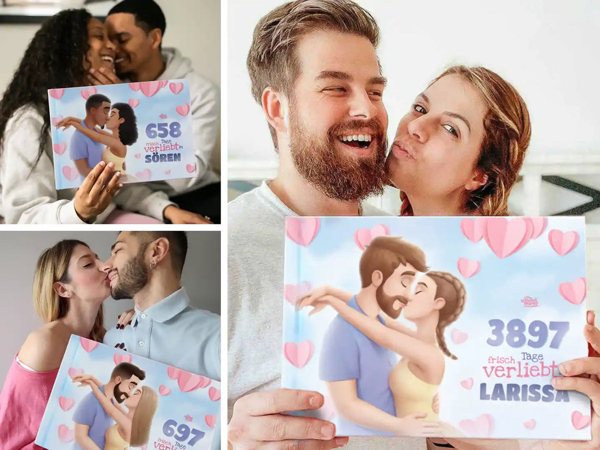 Paare halten ihr personalisiertes Buch „500 Tage, seit ich mich in dich verliebt habe“ – ein berührendes Geschenk für deinen Mann zu Weihnachten oder das perfekte Geschenk zum Valentinstag.