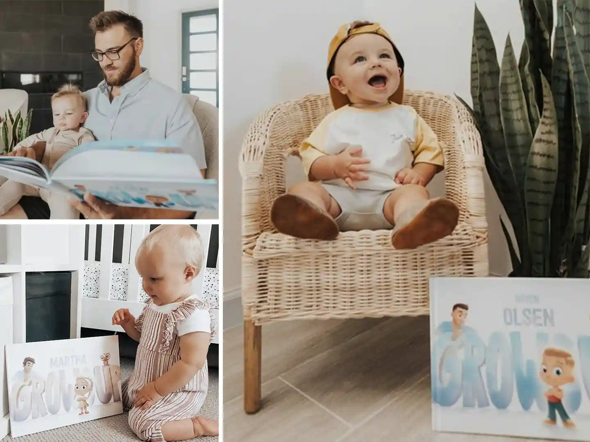Glückliche Kinder und Papas mit ihren personalisierten Büchern. 