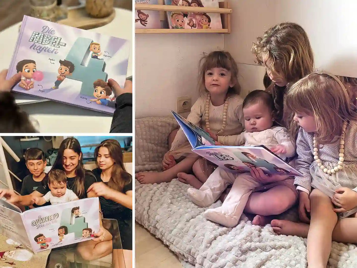 Glückliche Kinder die ihr personalisiertes Buch voller lustiger Abenteuer lesen. 