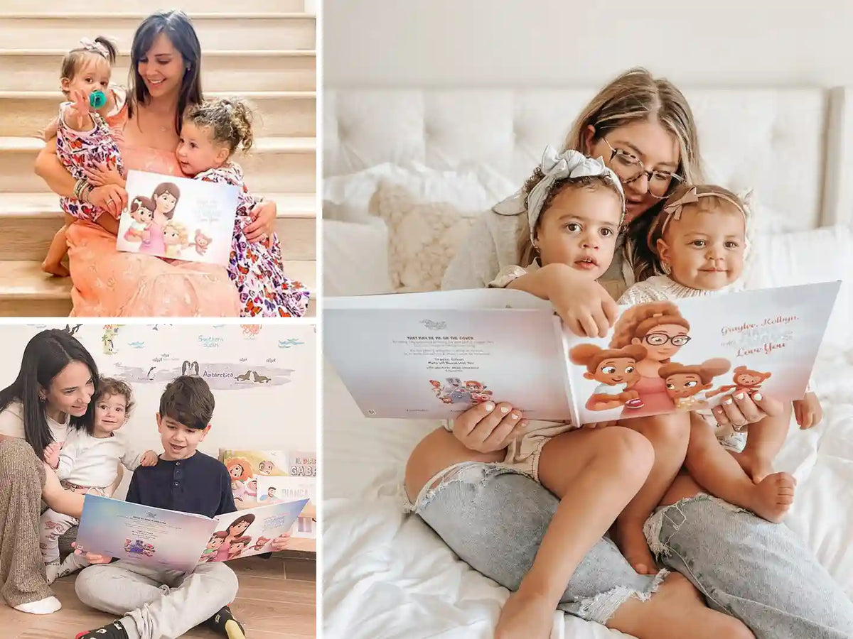 Glückliche Mütter und ihre bezaubernden Kinder mit ihrem tollen Muttertagsgeschenk, einem selbstgemachten personalisierten Buch für Mama und Kinder.