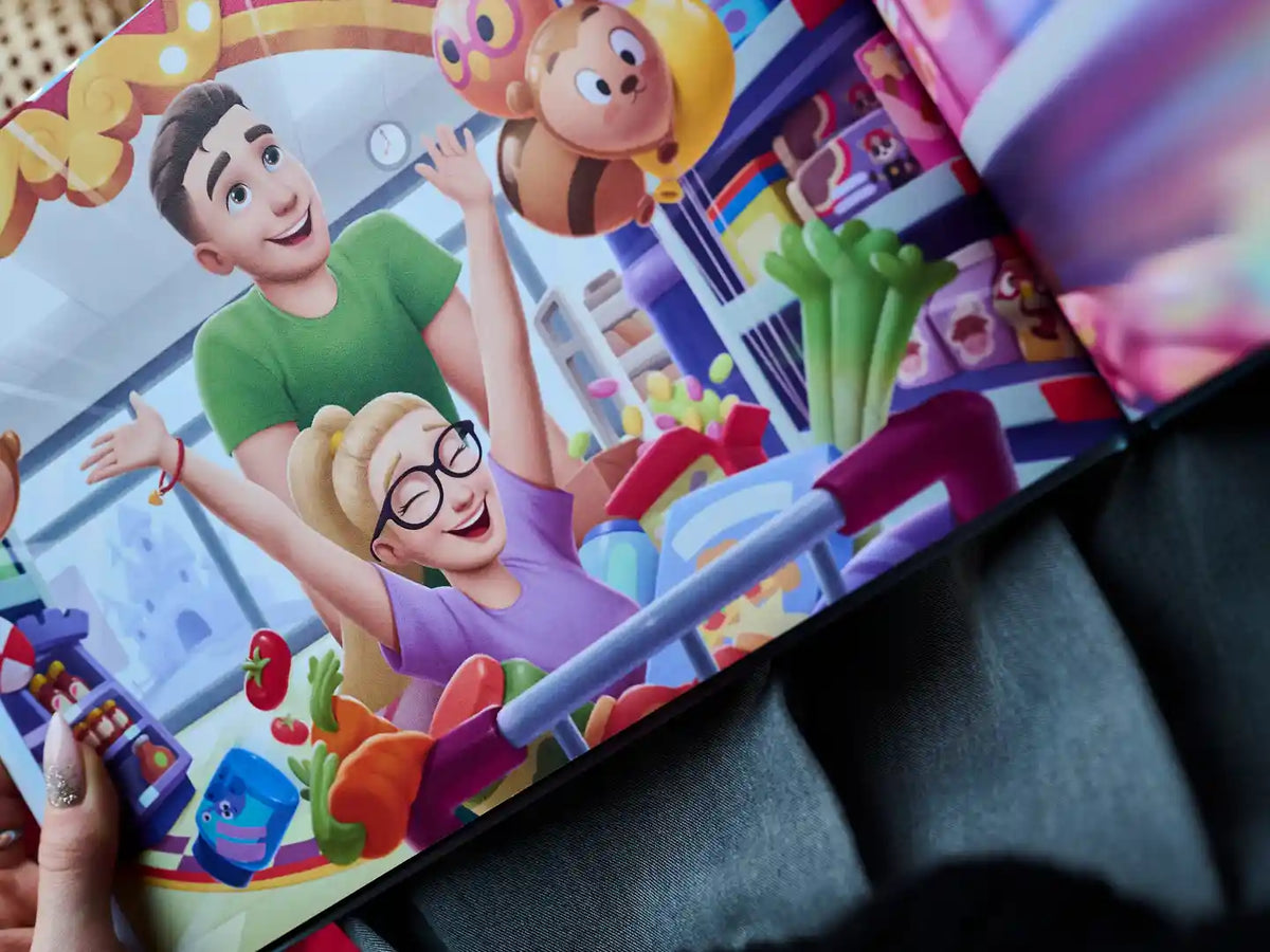 Illustration, wie selbst Einkaufen Spaß machen kann mit dem besten Partner – aus dem personalisierten Buch für Paare, das auch ein tolles Valentinstagsgeschenk ist.