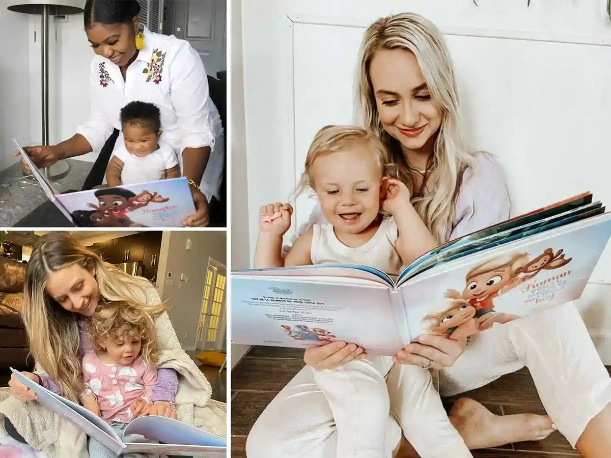 Mütter lesen ihren Kindern ihr individuelles Buch vor und freuen sich über ihr sinnvolles Geschenk zum Geburtstag.