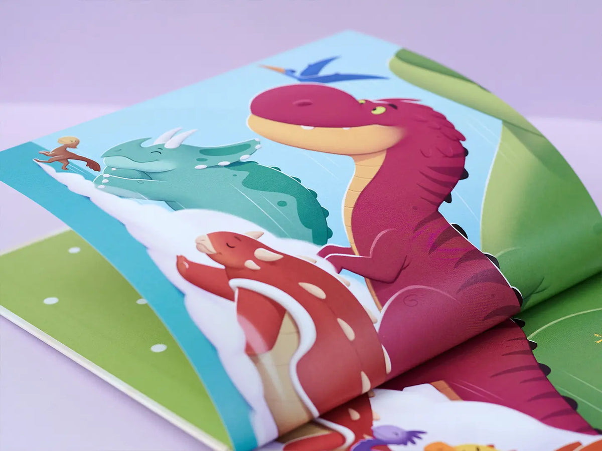Die farbenfrohen Illustrationen, die verschiedene Abenteuer mit Dinosauriern zeigen.	