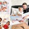Happy dads with their kids lying on the bed and enjoying their personalized keepsake that is just about them.