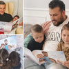 Väter und ihre beiden Kinder lesen dieses Bastelbuch, das sie als tolles Geschenk zum Vatertag erhalten haben.