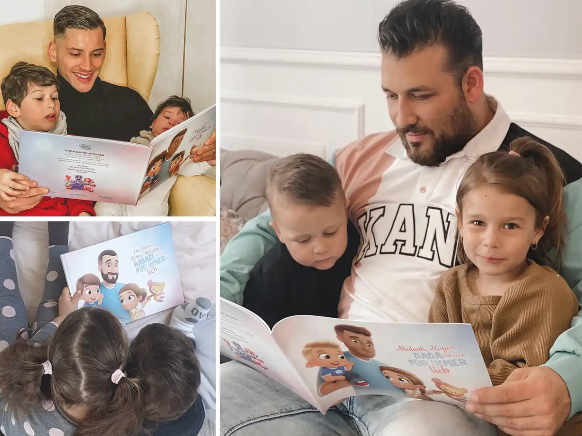 Väter und ihre beiden Kinder lesen dieses Bastelbuch, das sie als tolles Geschenk zum Vatertag erhalten haben.