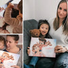 Mütter lesen ihren Kindern ihr individuelles Buch vor und freuen sich über ihr sinnvolles Geschenk zum Geburtstag.