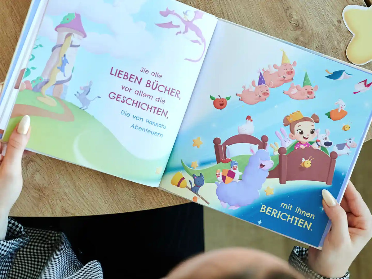 Werfen Sie einen Blick auf das personalisierte Kinderbuch für Gute-Nacht-Geschichten.	