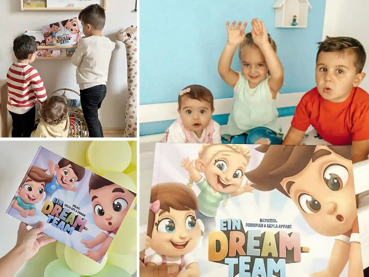 Glückliche Kinder zeigen ihr personalisiertes Buch von Hurra Helden. 