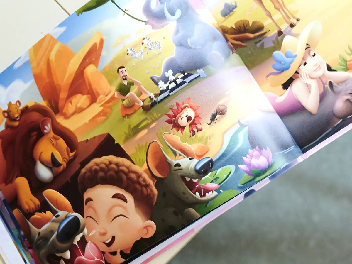 Illustration aus dem personalisierten Buch für Familien, in dem die Familie mit afrikanischen Tieren befreundet ist.