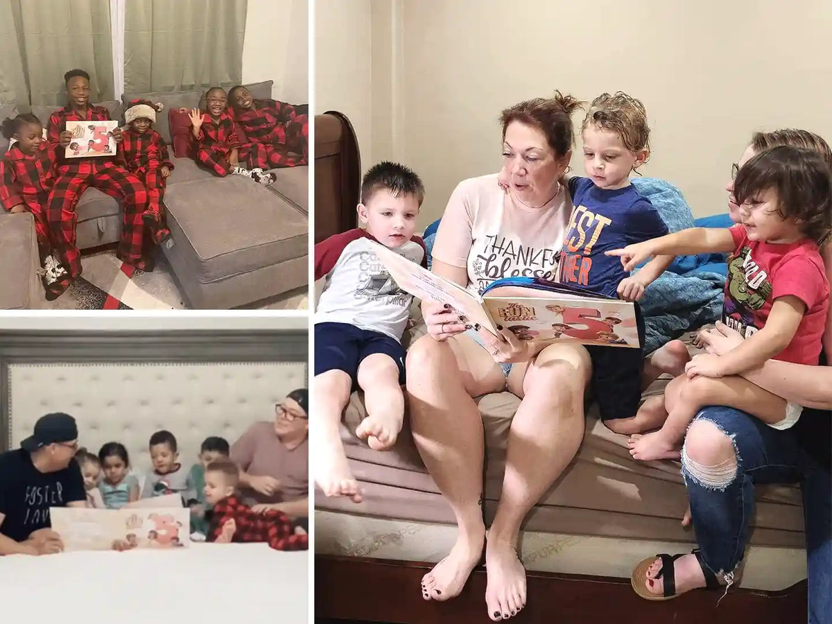 Familien mit fünf Kindern lesen ihr personalisiertes Bilderbuch, das speziell für sie angefertigt wurde.