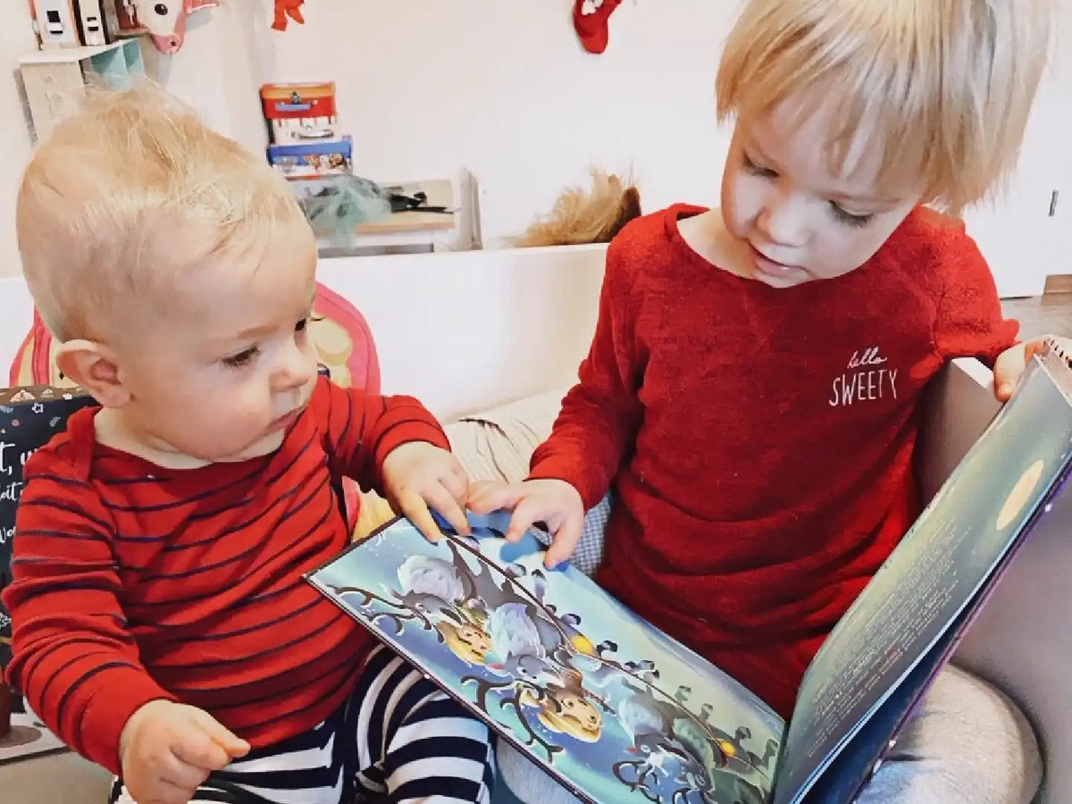 Zwei Brüder blättern in ihrem individuellen Buch für Geschwister zu Weihnachten von Hurra Helden. 