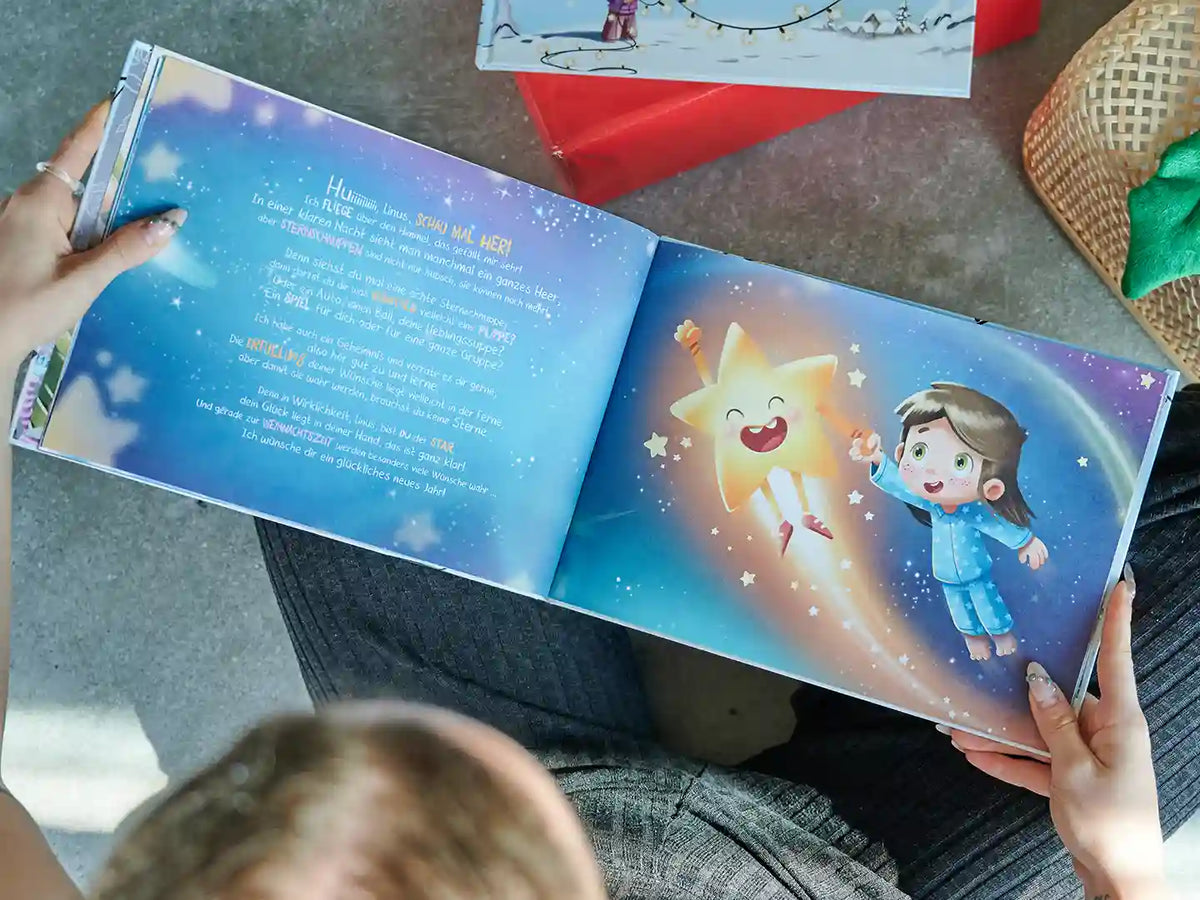 Eine Illustration aus einem personalisierten Weihnachtsbuch, das ein tolles Geschenk für Kinder ist.